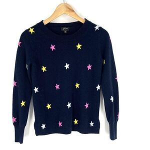 J Crew Sweater Size XS Womens Navy Pink Cashmere Star Crew Neck Knit Pullover